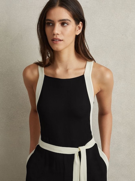 Petite Contrast Trim Belted Jumpsuit in Black/White (374801) | £268