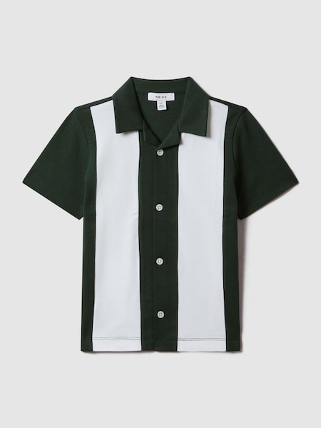 Senior Cotton Cuban Collar Bowling Shirt in Green/Ecru (375157) | £32