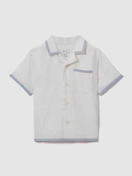 Linen Contrast Cuban Collar Shirt in White/Soft Blue (392005) | £38