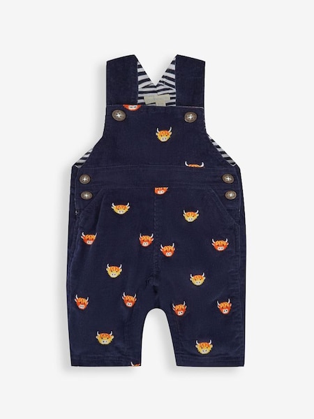 Embroidered Cord Dungarees in Navy Blue Highland Cow (394465) | £26