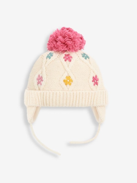 Cream Girls' Floral Embroidered Cable Hat (3BY868) | £16.50