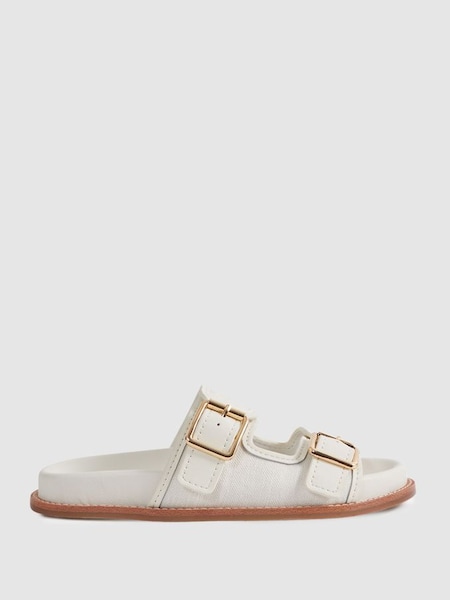 Leather Raffia Sliders in White (405752) | £158