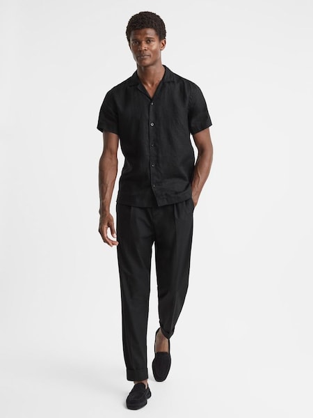 Slim Fit Linen Cuban Collar Shirt in Black (407180) | £88