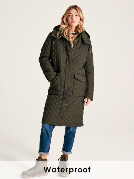 Chatsworth Green Showerproof Long Diamond Quilted Coat With Hood (411362) | £74