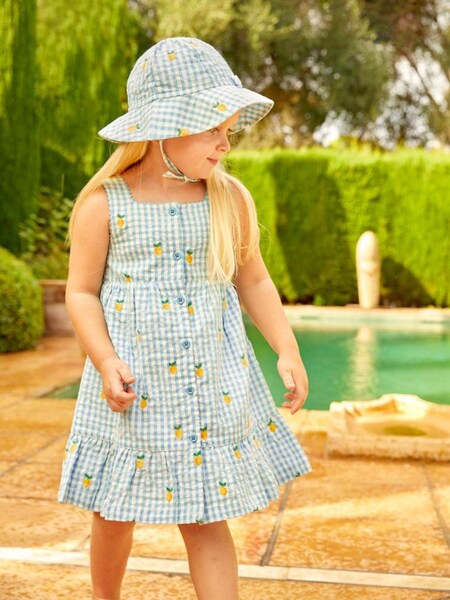 Embroidered Gingham Floppy Sun Hat in Lemon Embroidered (413899) | £4