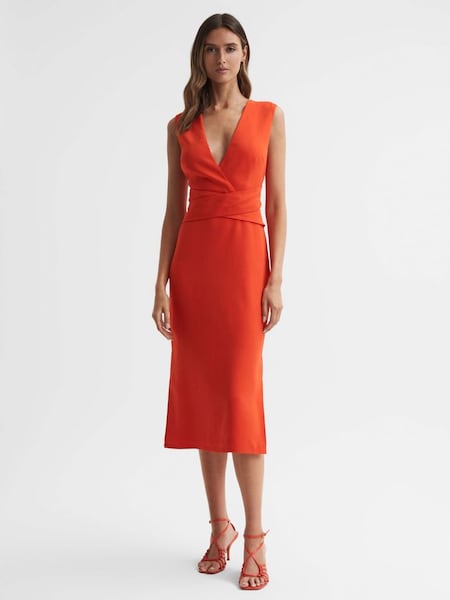 Fitted Wrap Design Midi Dress in Orange (414237) | £78