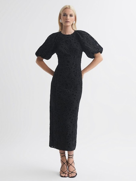 Florere Velvet Lace Puff Sleeve Midi Dress in Black (415143) | £110