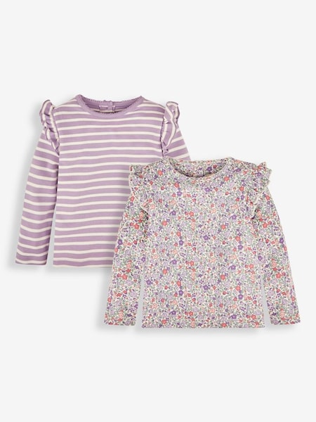Lilac Purple Ditsy Floral 2-Pack Print & Stripe Frill Tops (420971) | £19.50