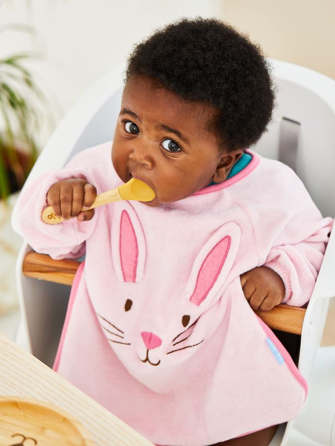 Spanish Style Round Bib With Bunny Design - Towelling Back, Satin Bow, Newborn Baby Gift