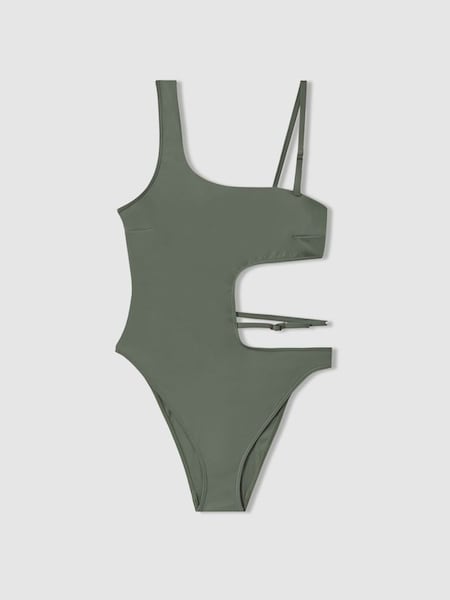 Calvin Klein Underwear Asymmetric Cut-Out Swimsuit in Wetlands Green (439784) | £130