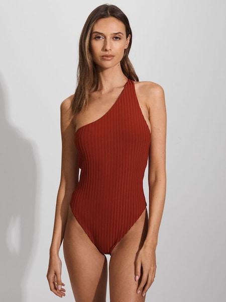 Calvin Klein Underwear Ribbed One Shoulder Swimsuit in Dark Magma Red (439870) | £120
