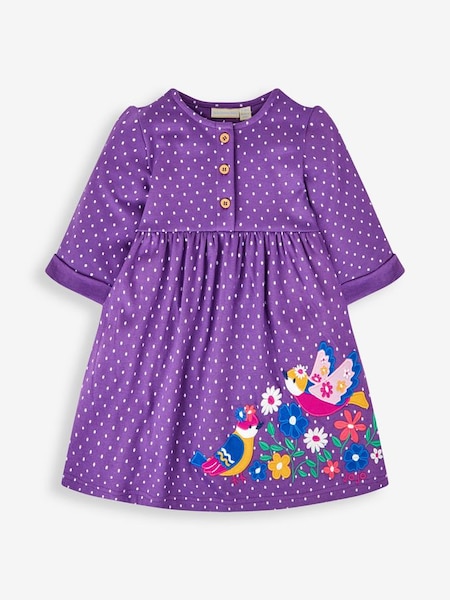 Girls' Appliqué Button Front Dress in Purple Bird (451610) | £22