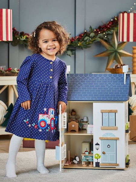 Girls' Santa in a Tractor Appliqué Button Front Dress in Navy (476073) | £24.50