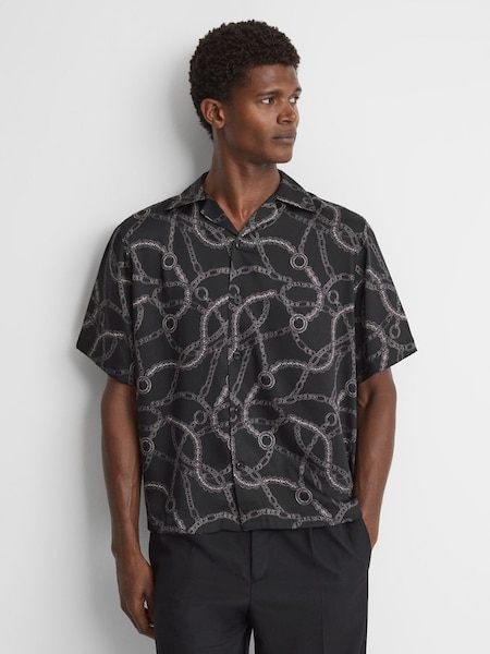 Chain Print Cuban Collar Shirt in Black (492187) | £50