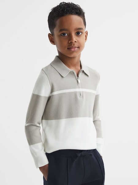 Junior Slim Fit Half-Zip Long Sleeve Polo Shirt in Soft Grey/White (4DG052) | £38