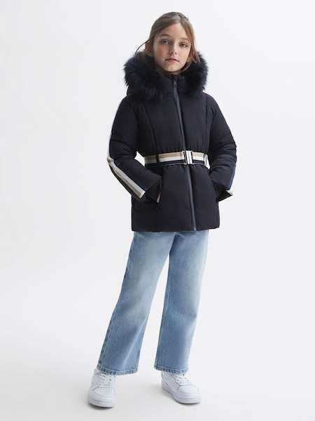 Senior Quilted Fur Hooded Coat in Navy (503317) | £98
