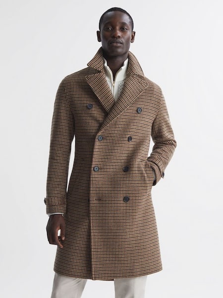 Modern Fit Wool Blend Double Breasted Dogtooth Coat in Camel (507881) | £248