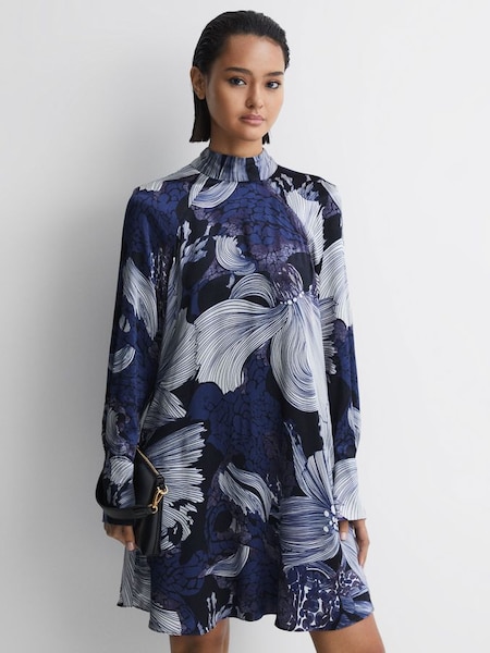 Relaxed Satin Printed Mini Dress in Blue/White (512293) | £78