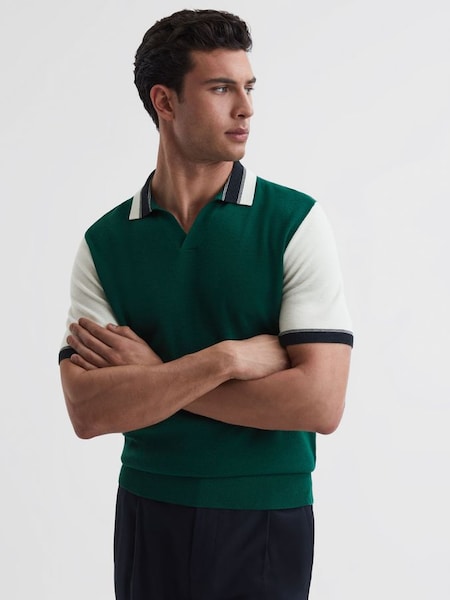 Open Collar Striped T-Shirt in Bright Green/Ecru (525174) | £50