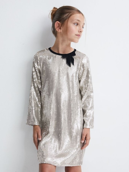 Junior Sequin Bow Dress in Silver (525594) | £35