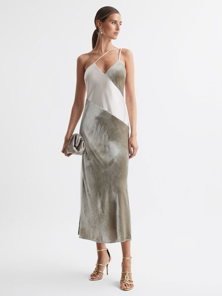 Silk-Velvet Asymmetric Strap Midi Dress in Silver (526271) | £98