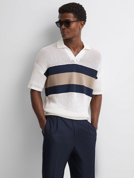 Reiss | Ché Crochet Open Collar Polo Shirt in Ecru (527671) | £70