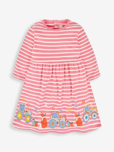 Girls' Stripe Appliqué Dress in Fuchsia Pink Fox & Tractor (531566) | £19