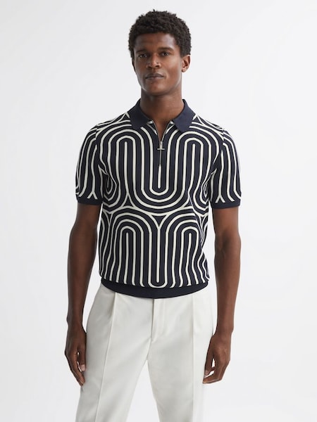 Half-Zip Striped Polo T-Shirt in Navy/White (542055) | £70