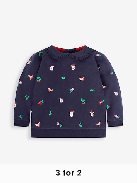 Navy Girls' Christmas Embroidered Sweatshirt With Collar (542695) | £24