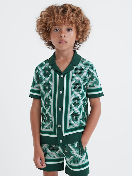 Knitted Cuban Collar Button-Through Shirt in Green Multi (546957) | £42