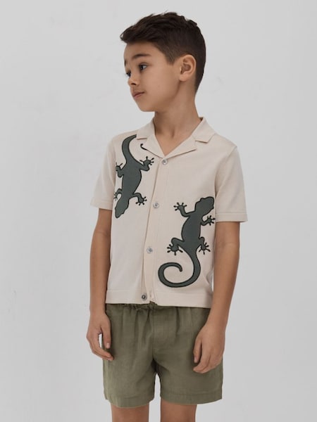 Knitted Reptile Cuban Collar Shirt in Stone/Green (548030) | £46