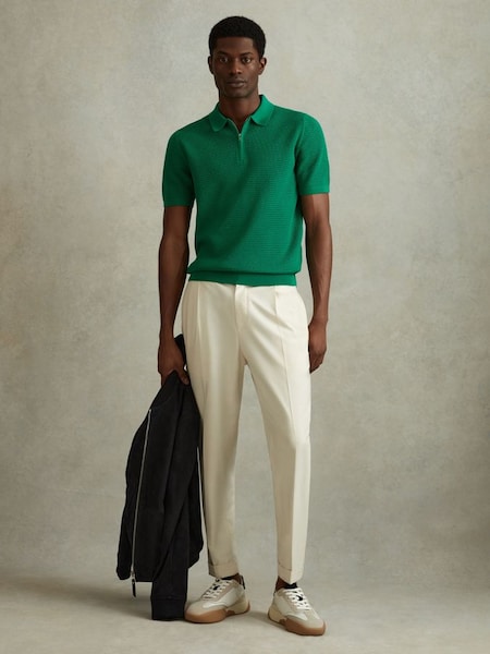 Cotton Blend Textured Half Zip Polo Shirt in Bright Green (548444) | £98