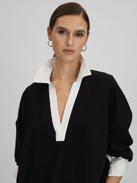 Oversized Cotton Open Collar Jumper in Black/White (548872) | £118
