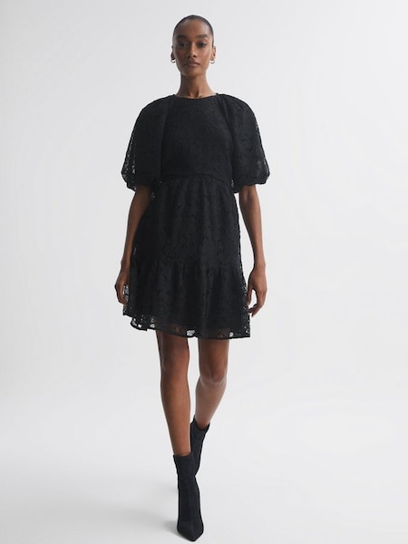 Florere Lace Puff Sleeve Mini Dress in Black (554611) | £110