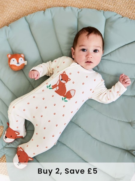 Cream Fox Appliqué Zip Cotton Baby Sleepsuit (555592) | £21