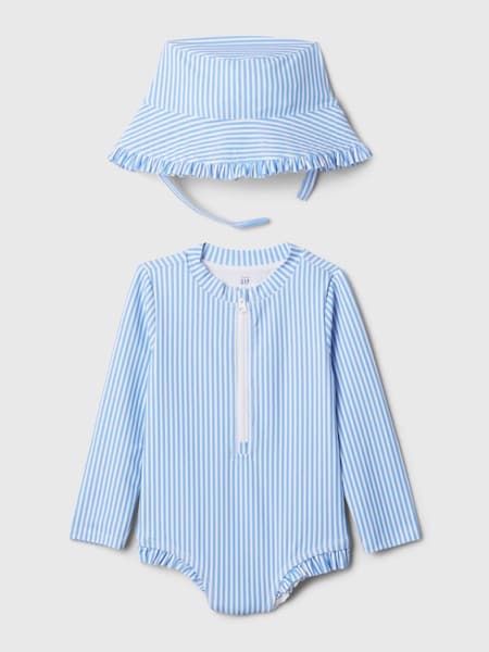 Blue Stripe Rashguard Swimsuit and Hat Baby Set (Newborn-5yrs) (568446) | £30