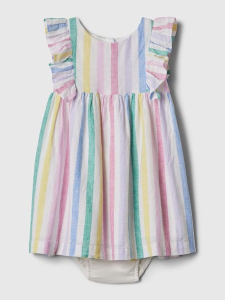 White Rainbow Stripe Baby Linen-Cotton Blend Flutter Sleeve Dress (Newborn-5yrs) (569026) | £25