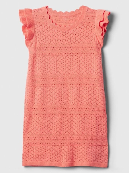 Coral Pink Crochet Knitted Flutter Sleeve Dress (3mths-5yrs) (569329) | £20