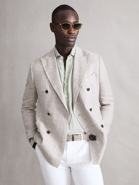 Slim Fit Double Breasted Linen Puppytooth Blazer in Oatmeal Melange (569406) | £160
