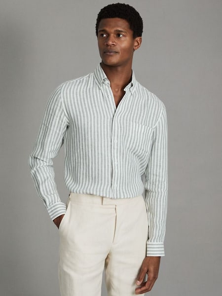 Linen Button-Down Collar Shirt in Sage Bengal Stripe (586775) | £110