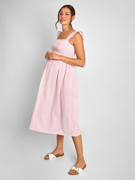 Gingham Shirred Maternity Midi Dress in Pink (593082) | £49