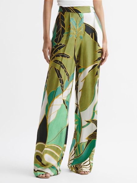 Wide Leg Mid Rise Printed Trousers in Green Print (597160) | £95