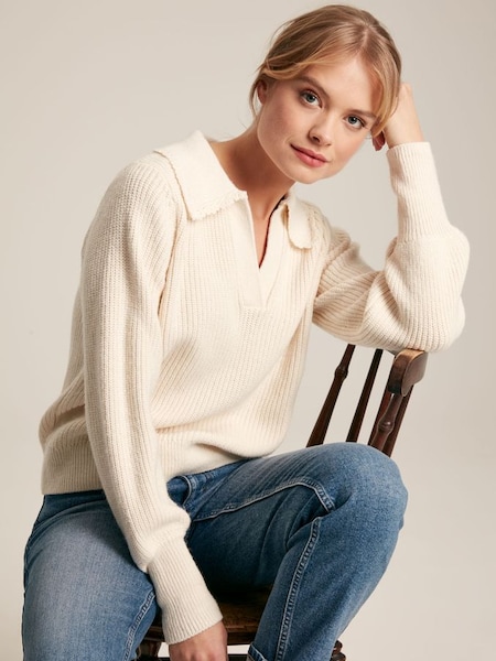 Evangeline Cream Ribbed Jumper with Crochet Collar (598738) | £69.95