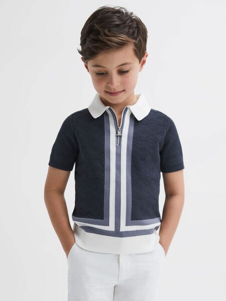 Junior Cotton Knitted Half-Zip Polo T-Shirt in Eclipse Blue/White (599304) | £25