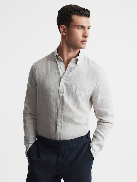 Slim Fit Full Sleeve Linen Button-Down Shirt in Stone (610661) | £48