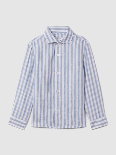 Linen Cutaway Collar Shirt in Soft Blue Herringbone Stripe (615493) | £48