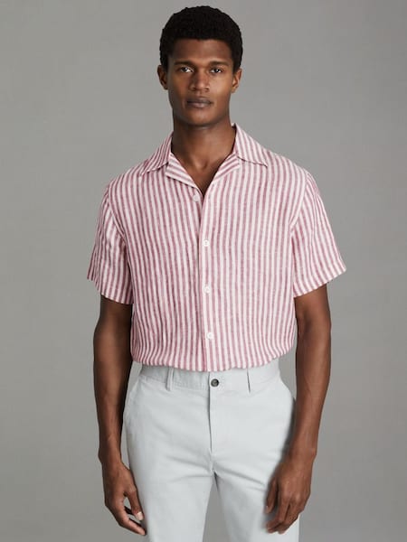 Relaxed Linen Cuban Collar Shirt in Pink Stripe (615959) | £88