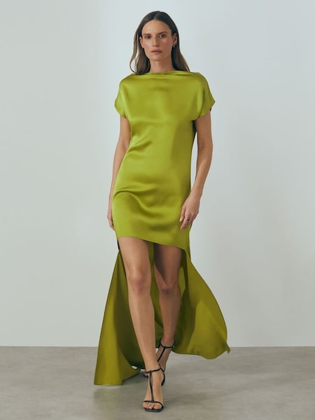 Atelier Italian Satin High-Low Mini Dress in Green (616372) | £485