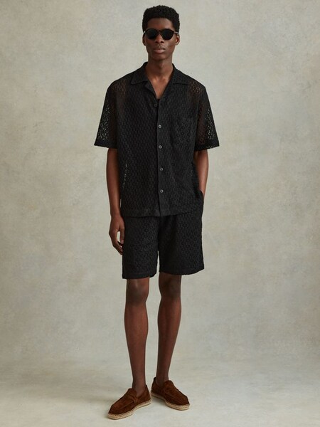 Cotton Blend Crochet Cuban Collar Shirt in Black (617084) | £118