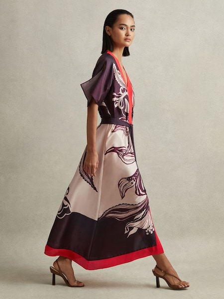 Petite Printed Front Split Midi Dress in Ivory/Burgundy (617085) | £248